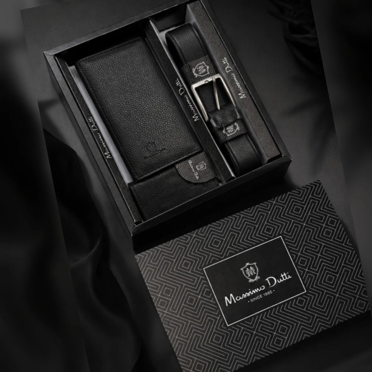 ست هدیه مردانه شامل کیف پول، جاکارتی و کمربند چرم صنعتی با جعبه کادویی