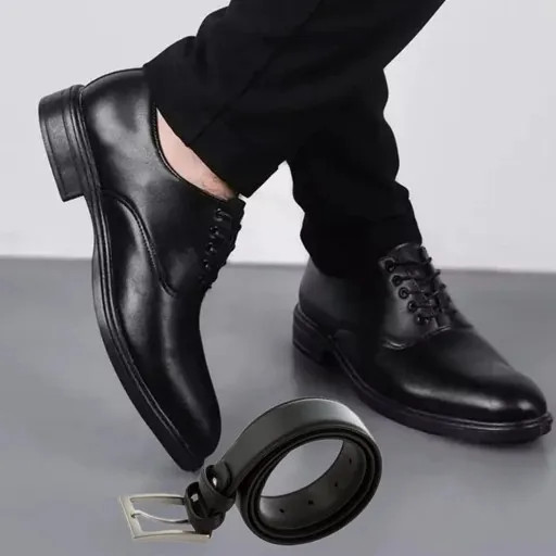 ست کفش مردانه مدل رویال و کمربند چرم صنعتی مشکی