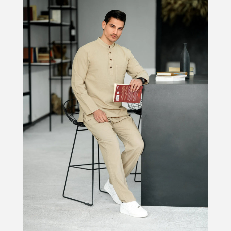 پیراهن مردانه الیاف طبیعی 100 درصد پنبه مدل آرین رنگ کرم