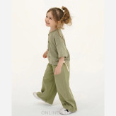ست کراپ جلو دکمه و شلوار فول بگ دخترانه مناسب 5 تا 10 سال جنس بافت و دورس پنبه