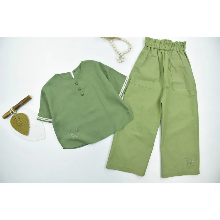 ست کراپ و شلوار بگ دخترانه طرح پروانه جنس لنین