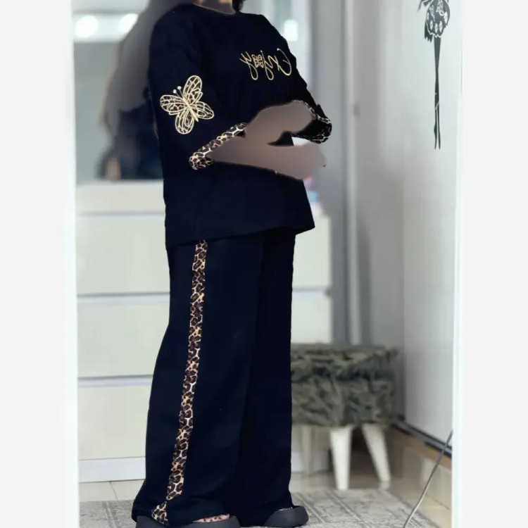 ست تیشرت و شلوار اسپان گلکسی زنانه رنگ مشکی فری سایز مدل enjoy