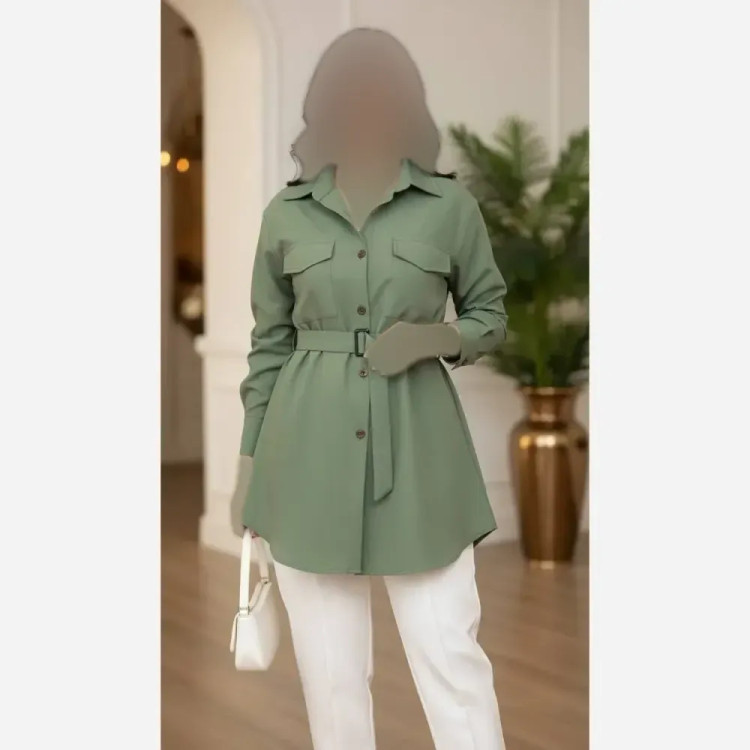 مانتو زنانه جنس داکرون اعلا کمربند دار جیب کاربردی فری سایز تا 48