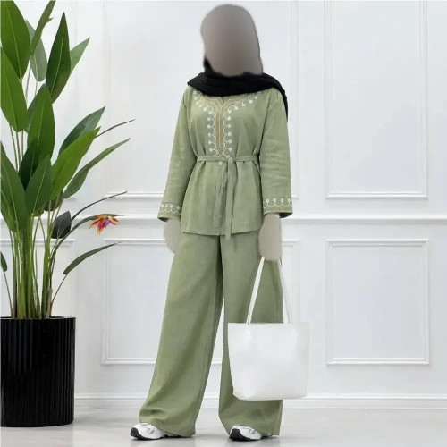 ست تونیک شلوار گلدوزی شده شانتون فری سایز نسکافه ای کرم خاکی سبز سدری
