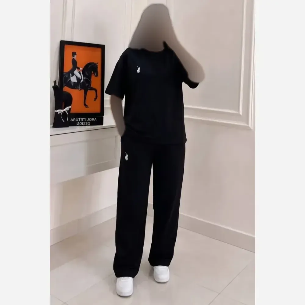 ست تیشرت و شلوار زنانه پنبه گلکسی رنگ مشکی سایز فری 38 تا 46