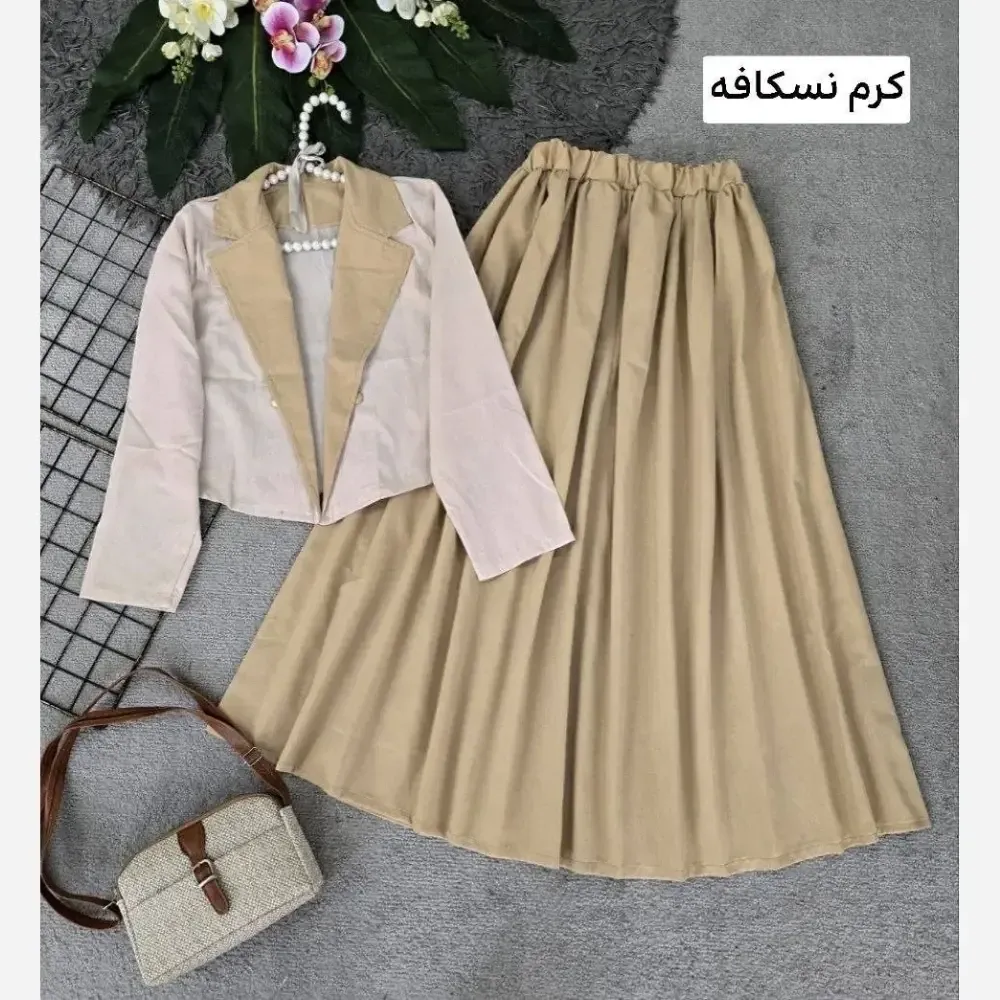ست کت دامن زنانه لنین نچرال مدل المیرا رنگ مشکی و کرم نسکافه و آبی سایز فری سایز