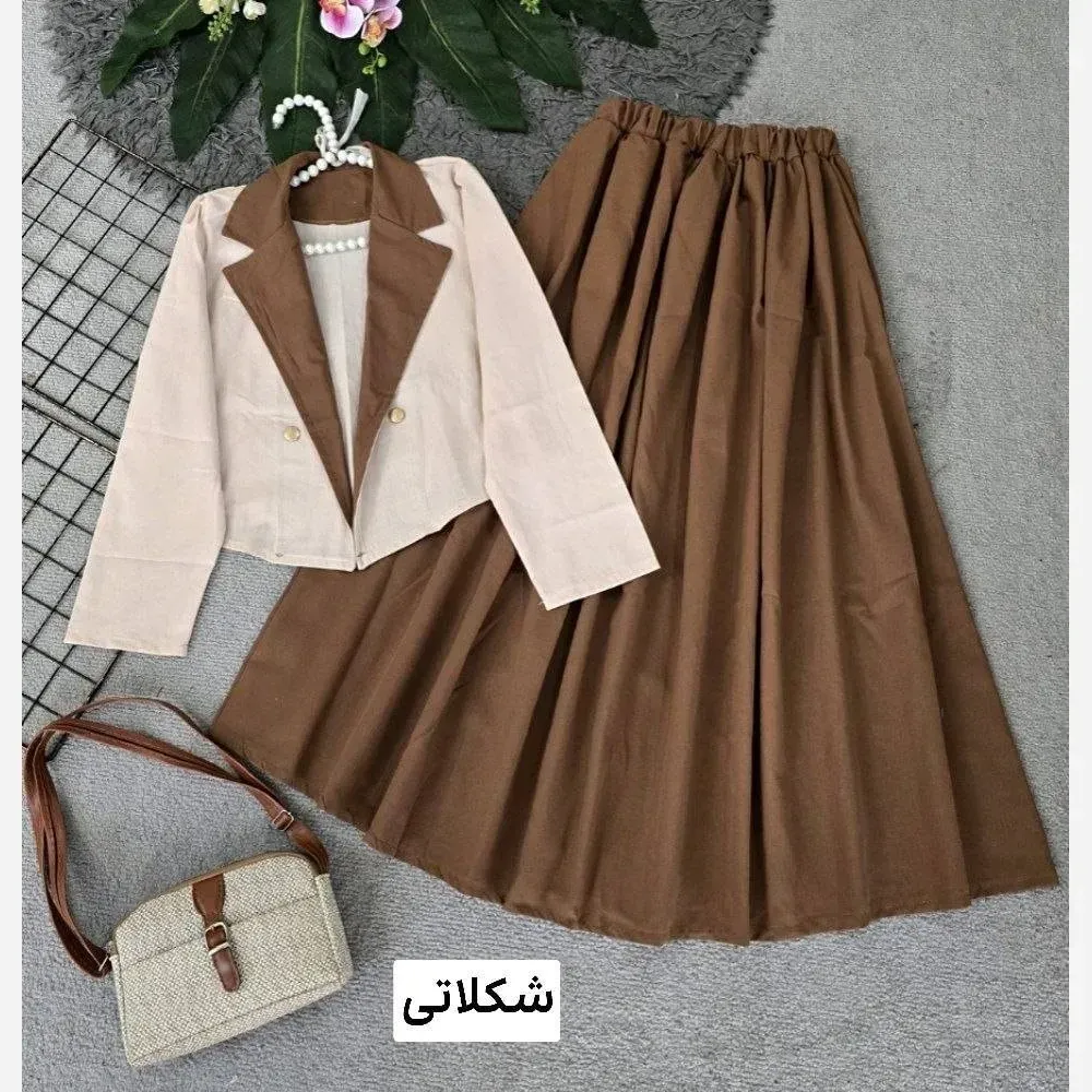 ست کت دامن زنانه لنین نچرال مدل المیرا رنگ مشکی و کرم نسکافه و آبی سایز فری سایز
