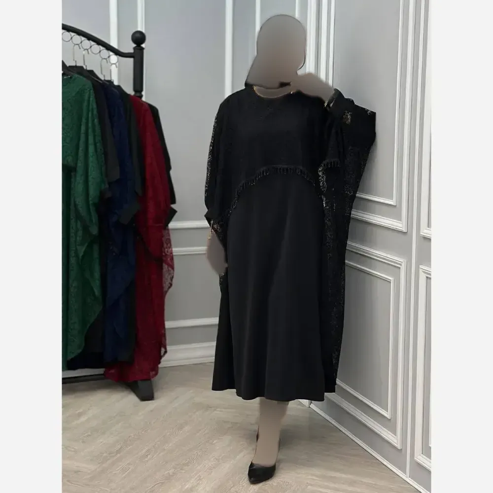 ست دانتل سرمه جنس زیره کرپ بوگاتی رویه گیپور رنگ مشکی فری سایز 38 تا 46