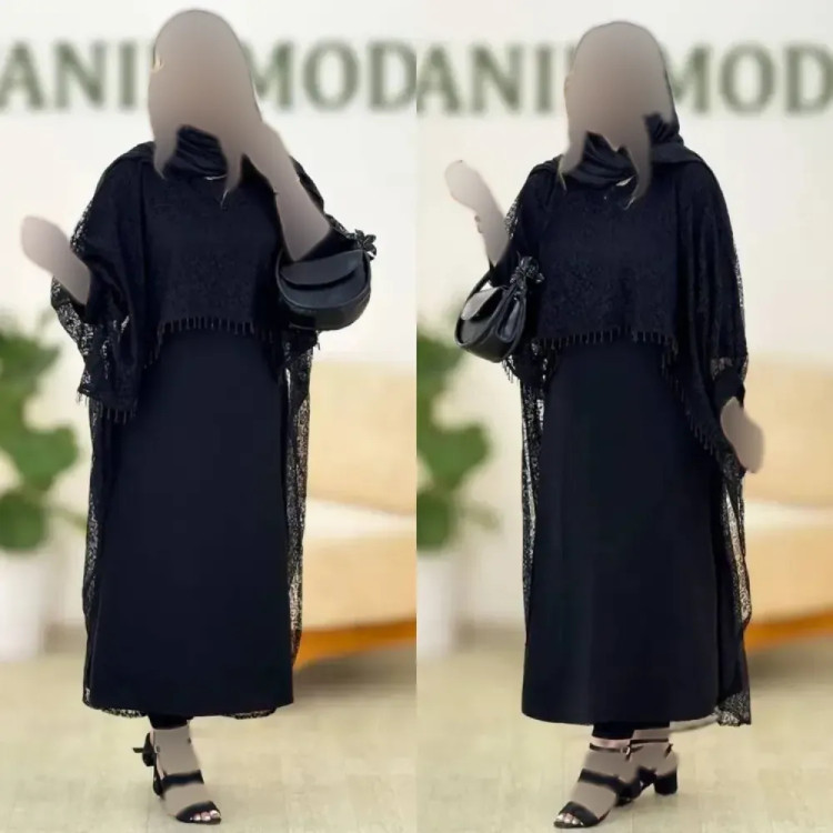 ست دانتل سرمه جنس زیره کرپ بوگاتی رویه گیپور رنگ مشکی فری سایز 38 تا 46