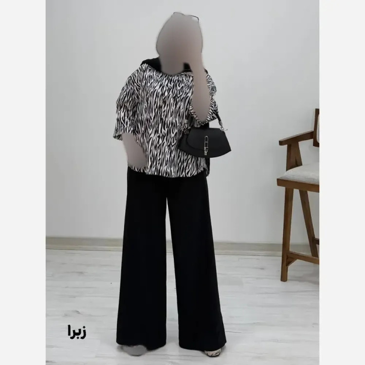 شومیز شلوار طرح دار زنانه جنس کرپ بوگاتی سایز فری 38 تا 46