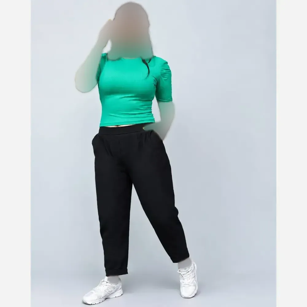 شلوار مام فیت لنین نچرال شسته شده مشکی قد 90