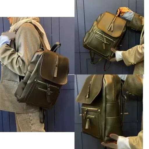 کوله پشتی دانشجویی چرم دو زیپ مشکی