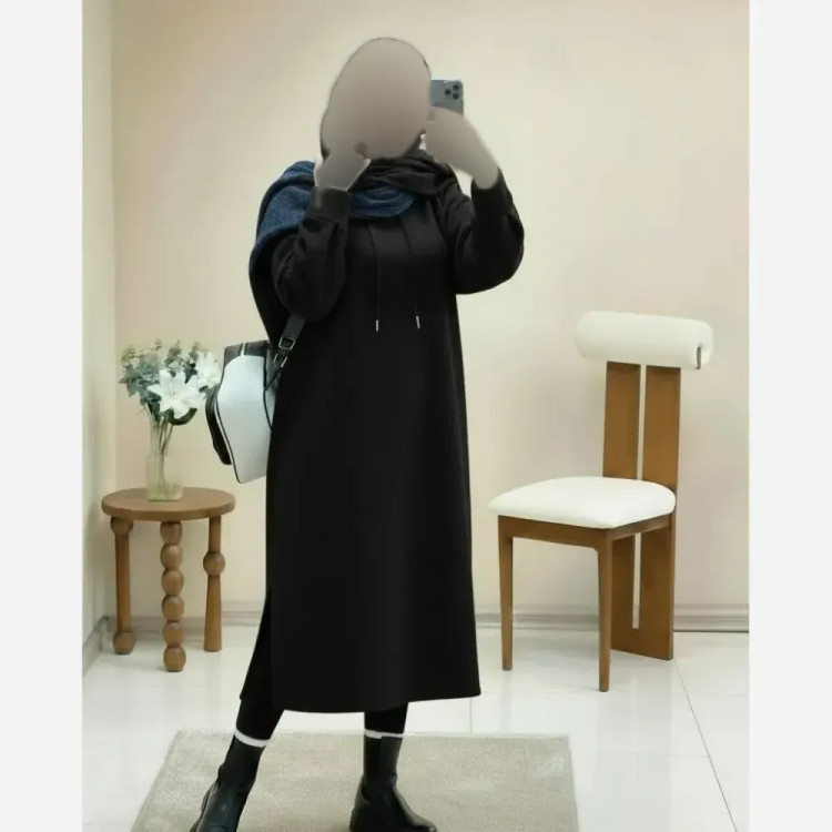 هودی زنانه مدل لندو دورس تو کرکی ضخیم کلاهدار رنگ مشکی فری سایز