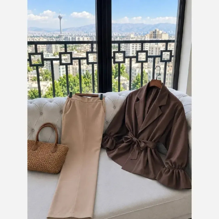 کت شلوار زنانه کرپ مازراتی مدل نیوشا کمربنددار