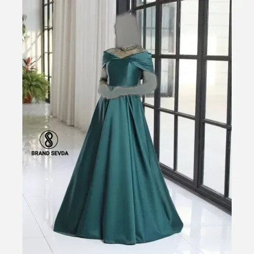 ماکسی مجلسی زنانه ساتن آمریکایی و تور نگین دار سایز 38 تا 50