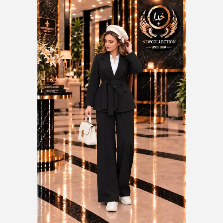 کت و شلوار زنانه جنس سوپرمازراتی اعلا مدل ملکه رنگ مشکی و کرم خاص سایز 38 تا 46 فری