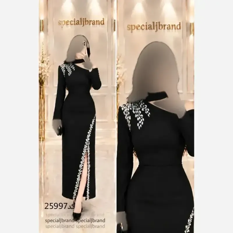 پیراهن مجلسی میدی مشکی زنانه جنس غواصی و سنگدوزی دستی زیپ دار