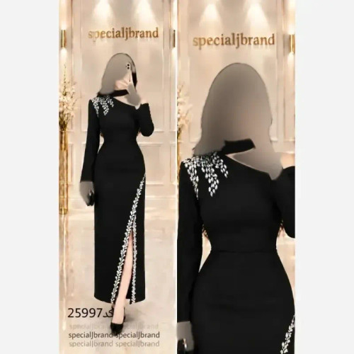 پیراهن مجلسی میدی مشکی زنانه جنس غواصی و سنگدوزی دستی زیپ دار