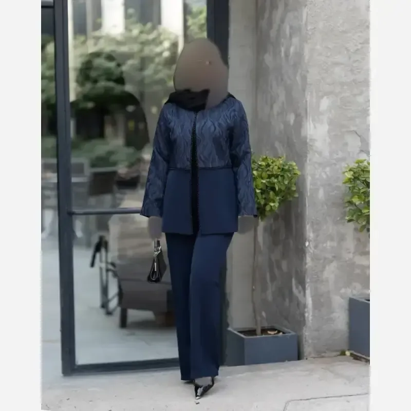 کت و شلوار زنانه مجلسی کرپ کنزو و ژاکارد سنگدوزی شده مدل افسون سایز 40 تا 50 رنگ مشکی موکا سورمه ای