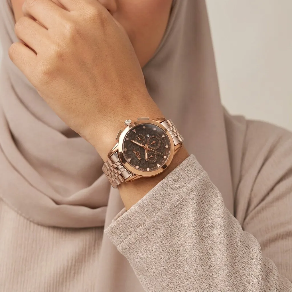 ساعت مچی زنانه سیکو بند استیل رزگلد صفحه مشکی تقویم دار موتور ژاپن