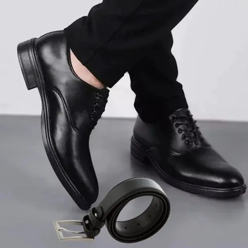 ست مردانه کفش بندی کلاسیک رویال و کمربند چرم صنعتی نیک مشکی