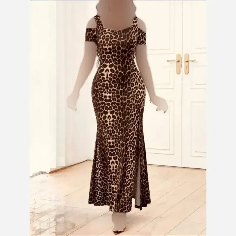 ماکسی پلنگی سرشانه باز فلامنت درجه یک فری سایز