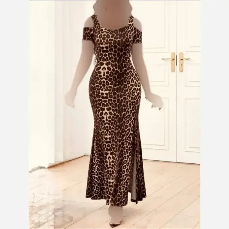 ماکسی پلنگی سرشانه باز فلامنت درجه یک فری سایز