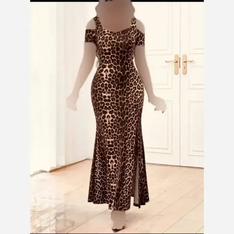 ماکسی پلنگی سرشانه باز فلامنت درجه یک فری سایز