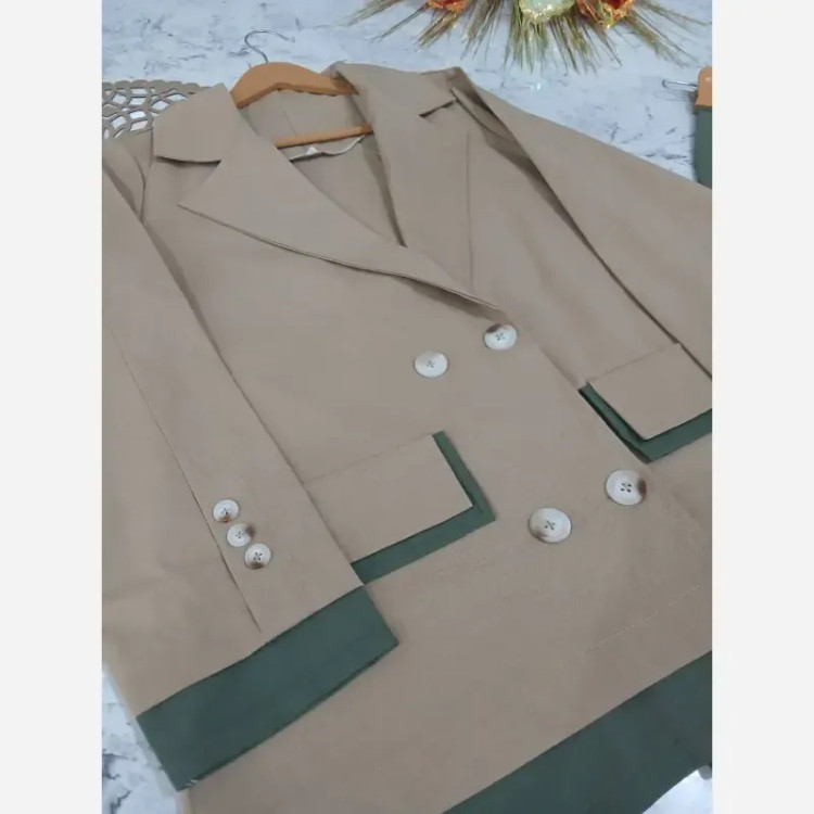 ست کت و شلوار لنین تابستانه مدل سوری رنگ نسکافهای و سبز سایزبندی