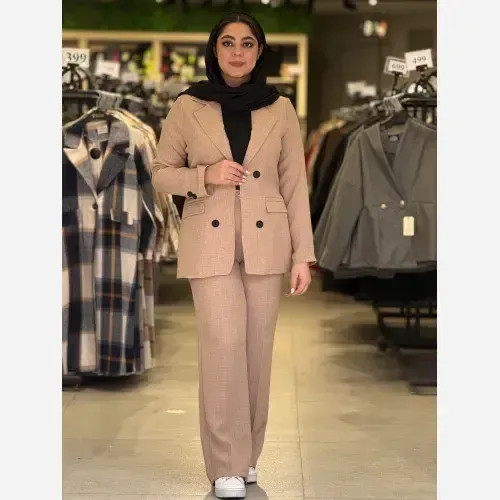 ست کت و شلوار زنانه جنس بابوس رنگ مشکی کرم استخونی سایز 38 تا 46